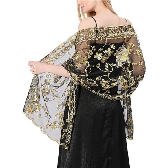 Accessories - Sequin Floral Shawls Wraps for Dress Black Gold